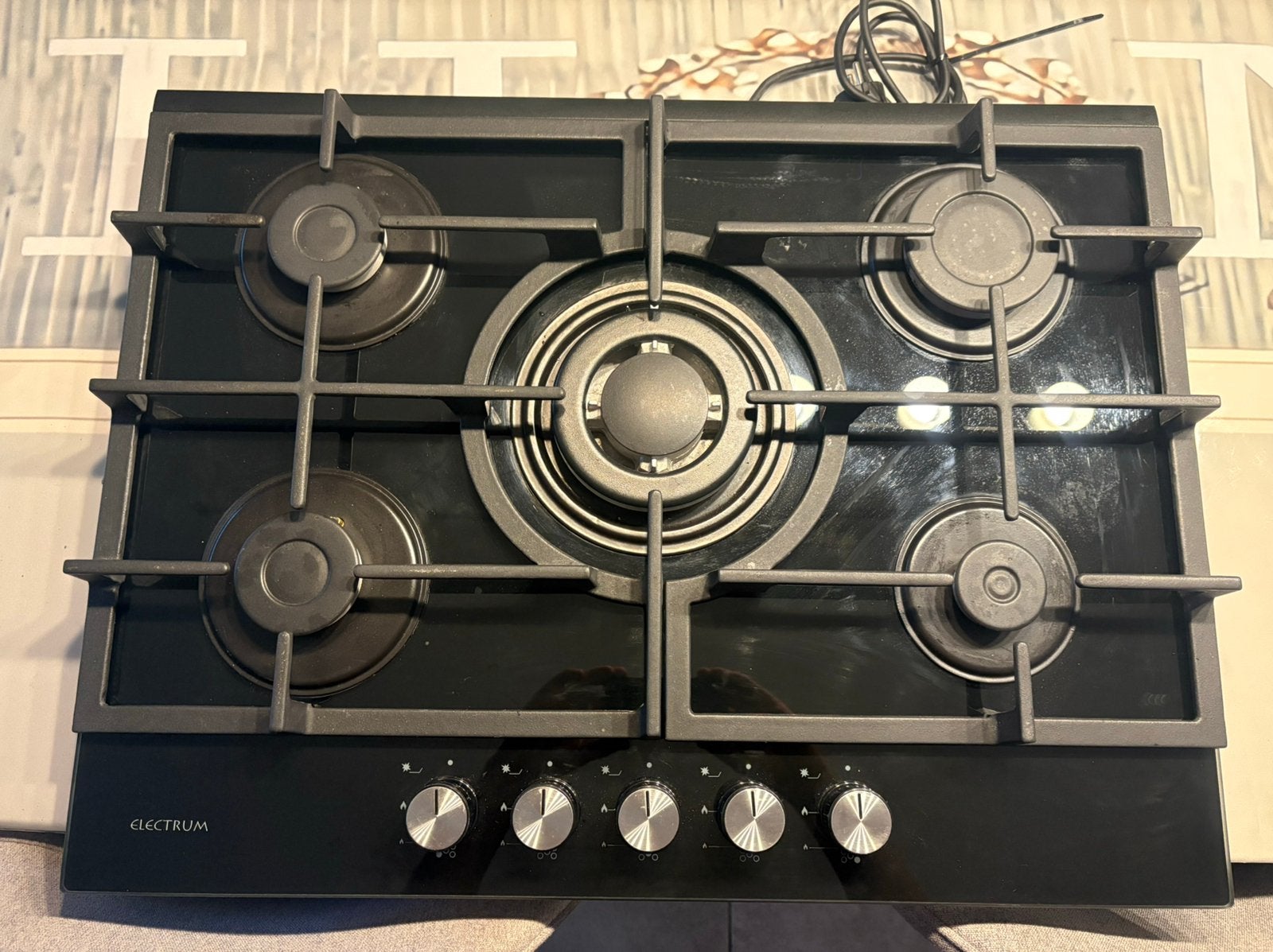 Electrum 5-pits gaskookplaat zwart glas + wokbrander – 70 cm, Ophalen, Gebruikt, Energieklasse A of zuiniger, Inbouw