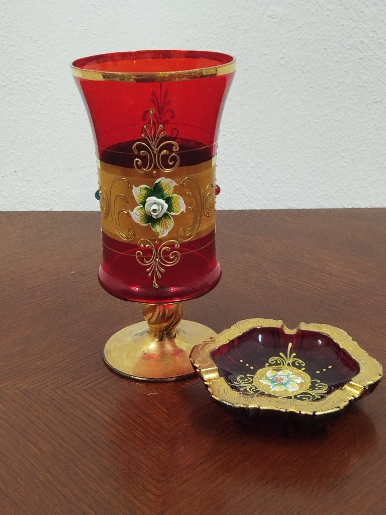 Vintage Murano "Tre Fuochi"set- robijnrood glas met goudrand, Ophalen of Verzenden