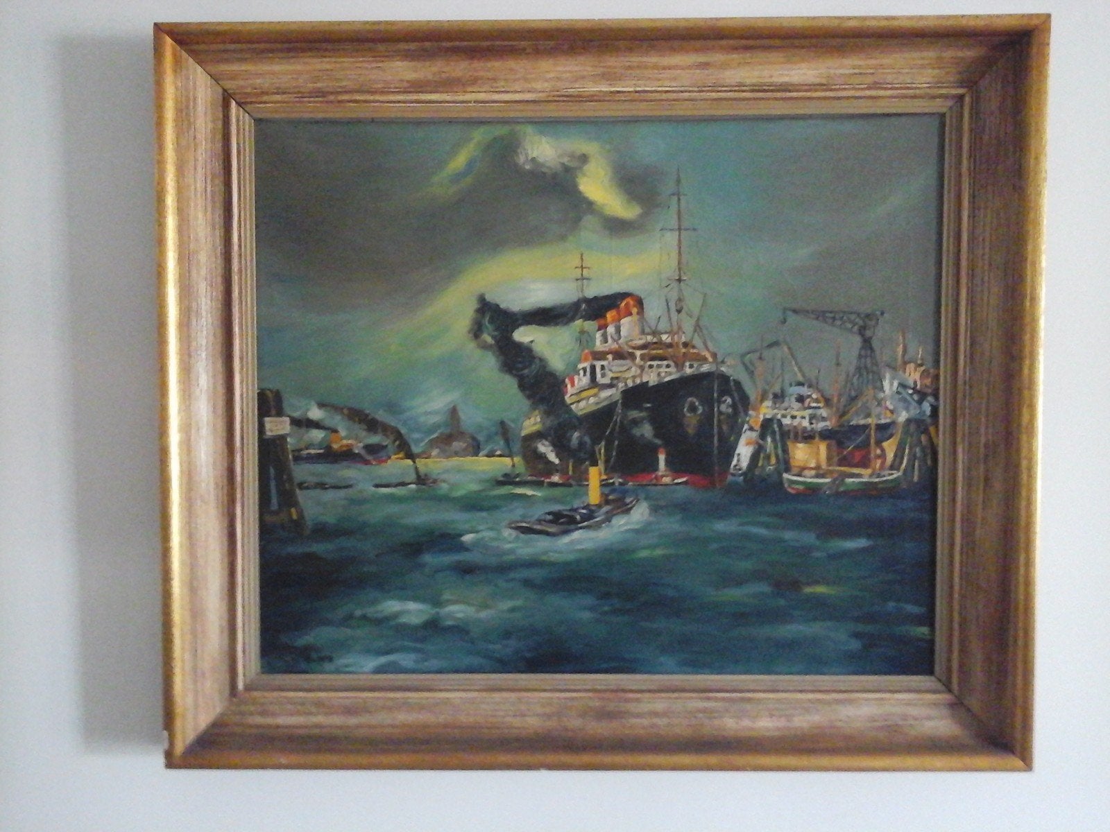 MOOI OUD OLIE VERF SCHILDERIJ OP DOEK " HAVENZICHT  ", Ophalen, Maritiem / water, Doek, Realistisch