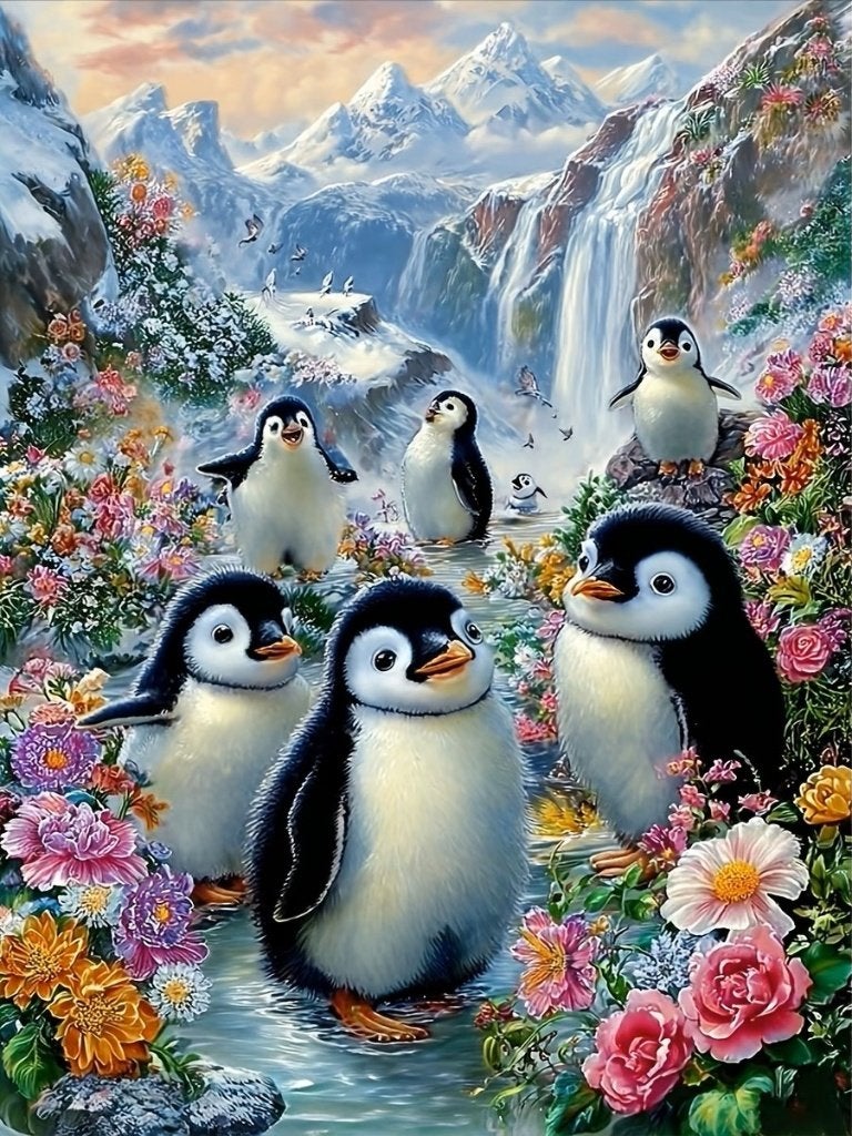 40x30cm Diamond Painting pinguins bloemen (vierkant) nr 193, Hobby en Vrije tijd, Nieuw, Meerkleurig, Ophalen of Verzenden, Overige materialen