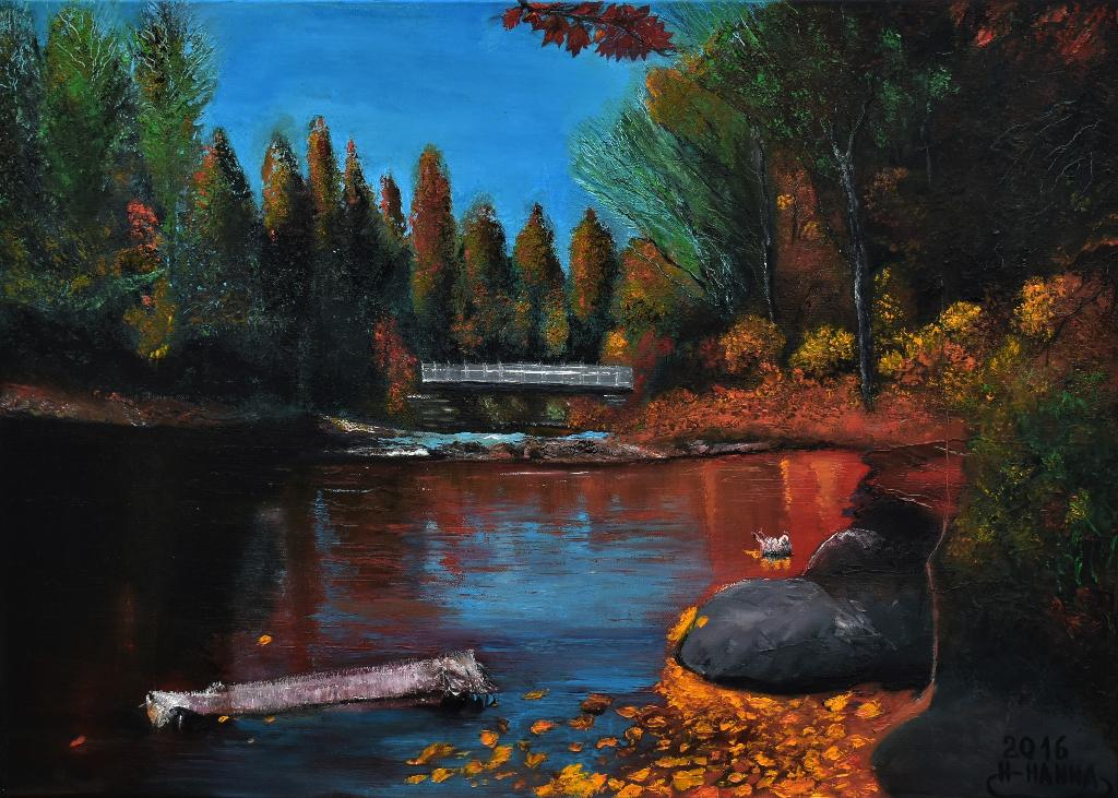 Landschapsschilderij in de herfst, gesigneerd door Joky Kamo, Ophalen