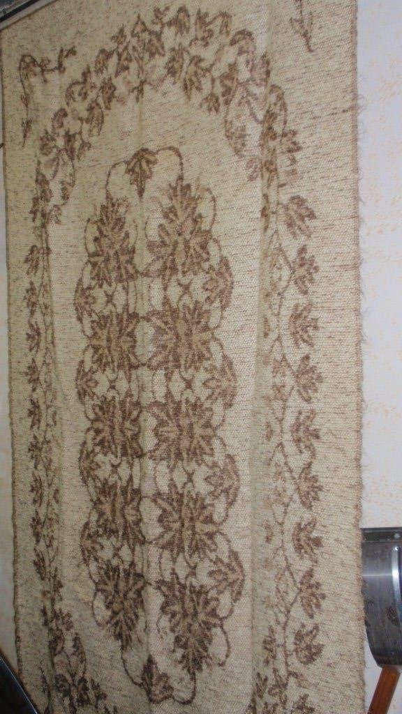 Vintage wollen tafelkleed beige- bruin groot, Gebruikt, Ophalen of Verzenden, Franjes/kwastjes, Wol