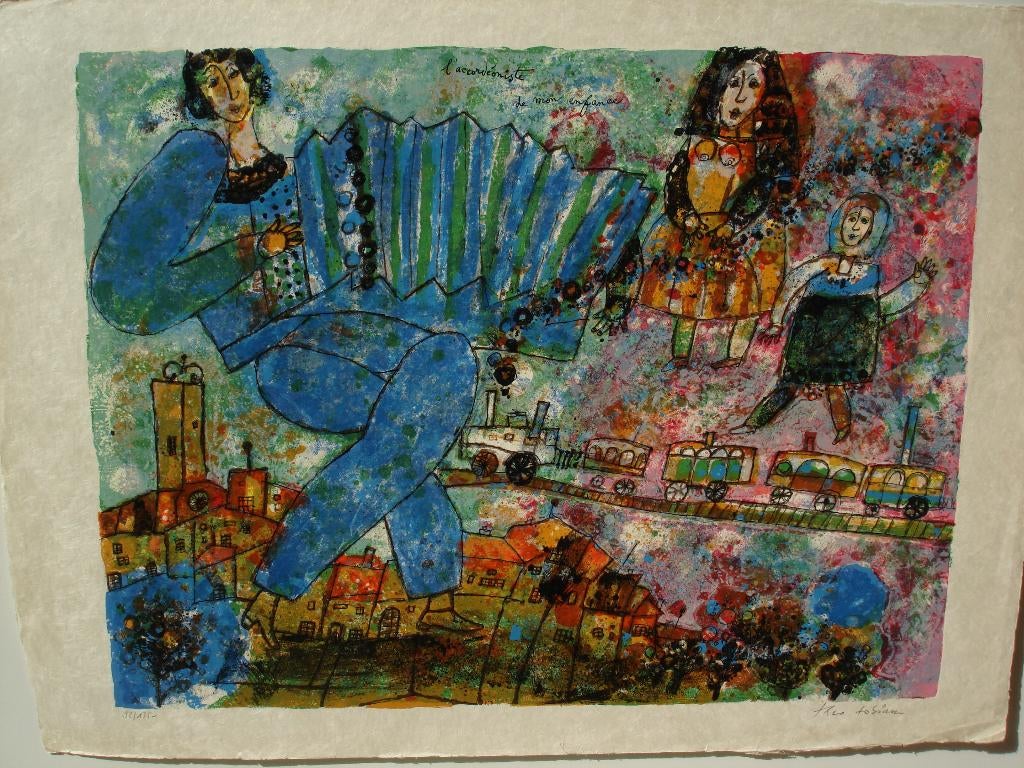 THEO TOBIASSE 1927-2012 l' accordéoniste grote kleurenlitho, Ophalen of Verzenden