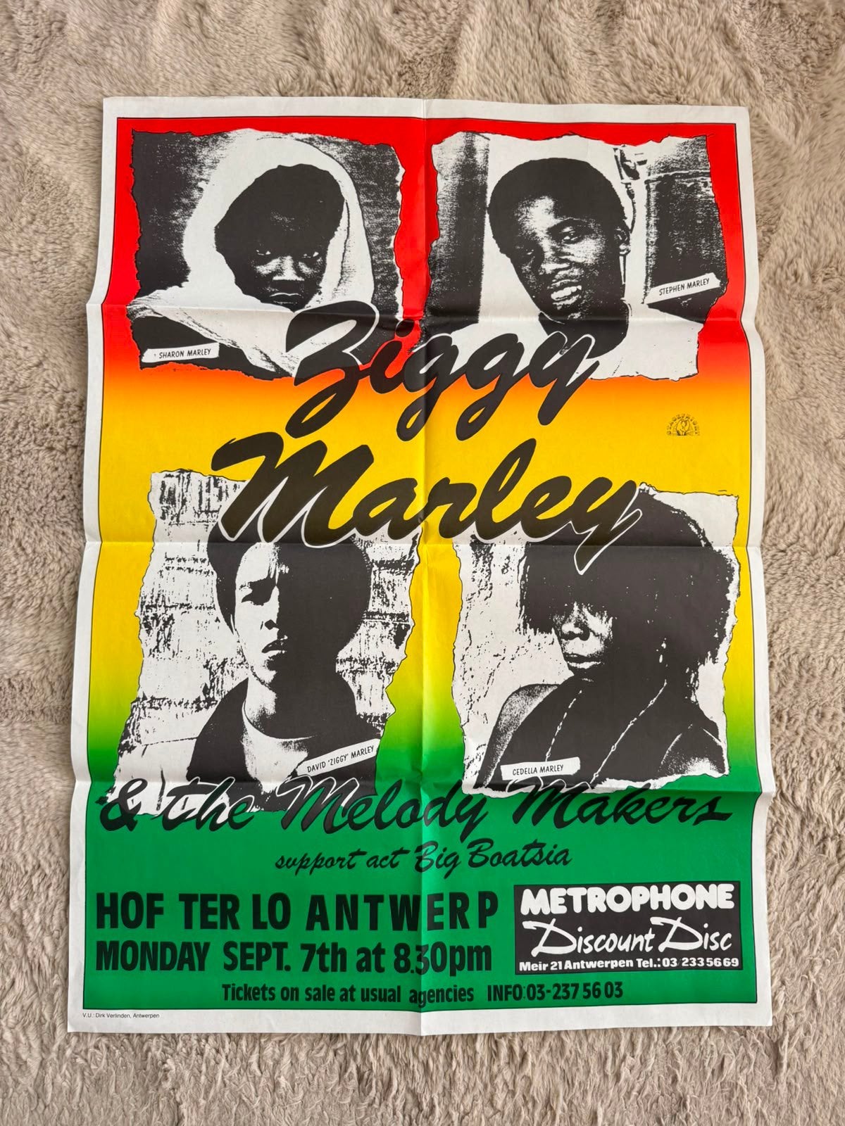 Affiche concert de Ziggy Marley 7/9/1987 Hof Ter Lo Anvers, Enlèvement ou Envoi, Comme neuf