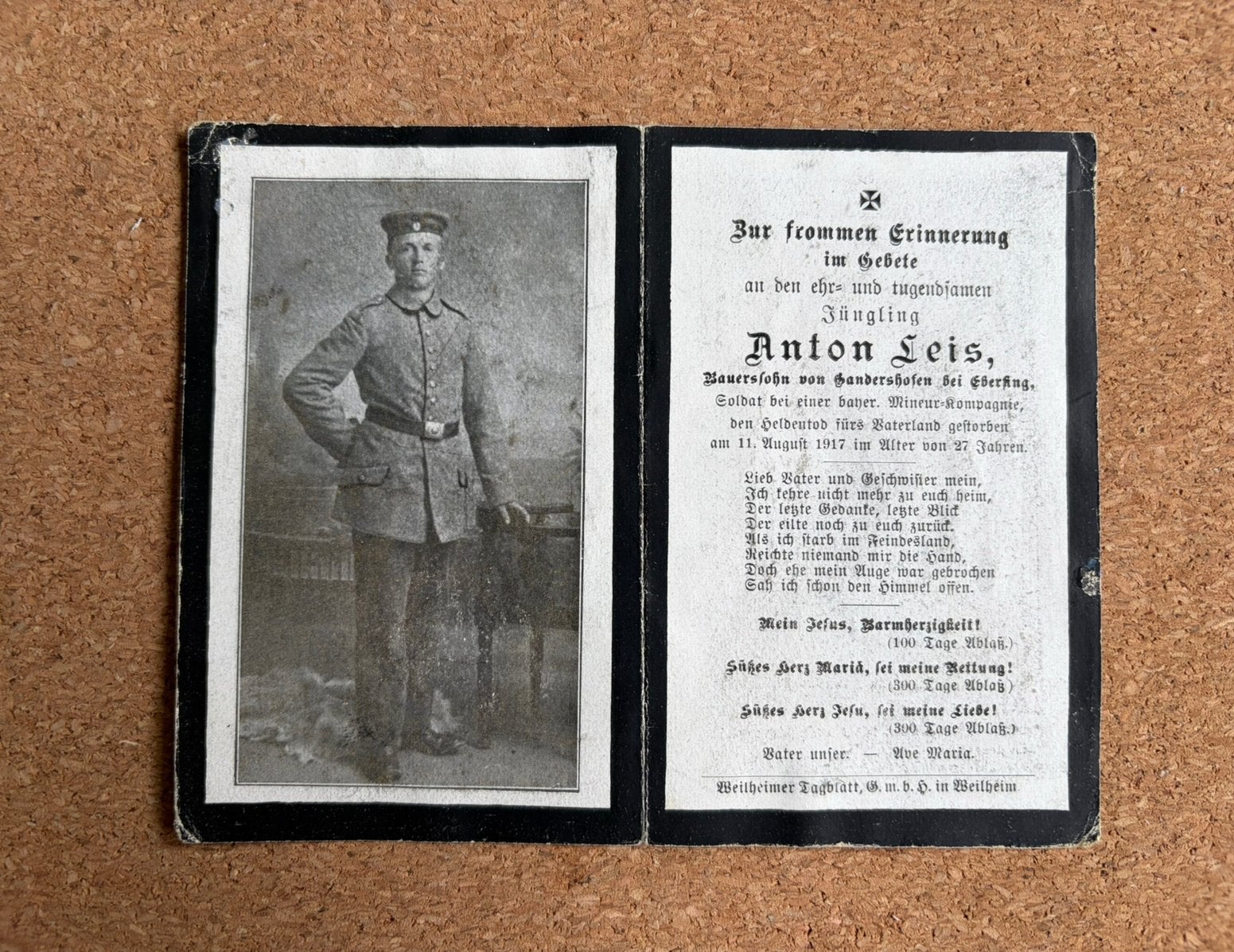 Duits Bidprentje WO1 - Bayer. Minenwerfer-Komp. (1917), Ophalen of Verzenden