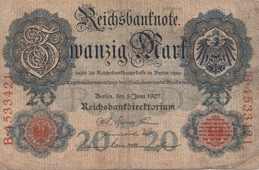 Allemagne 20 Mark à partir du 8 juin 1907, Enlèvement ou Envoi, Allemagne, Billets en vrac