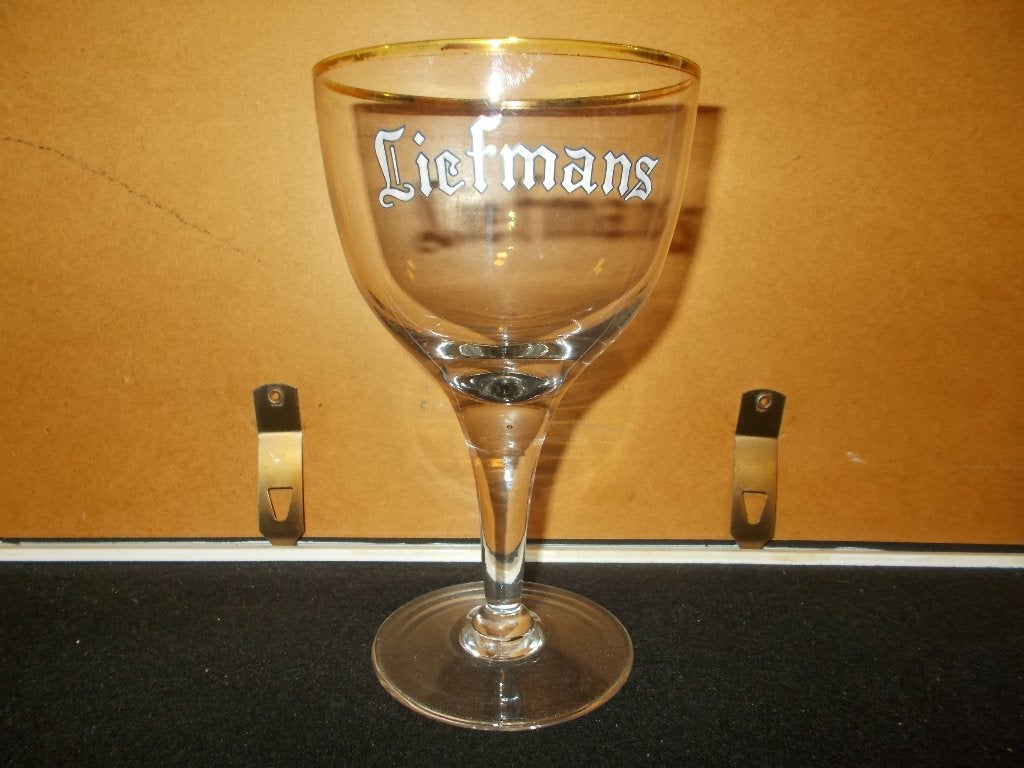 Oud kelkglas Liefmans op hoge voet - wit-blauw - Oudenaarde, Verzamelen, Ophalen, Gebruikt, Glas of Glazen, Duvel
