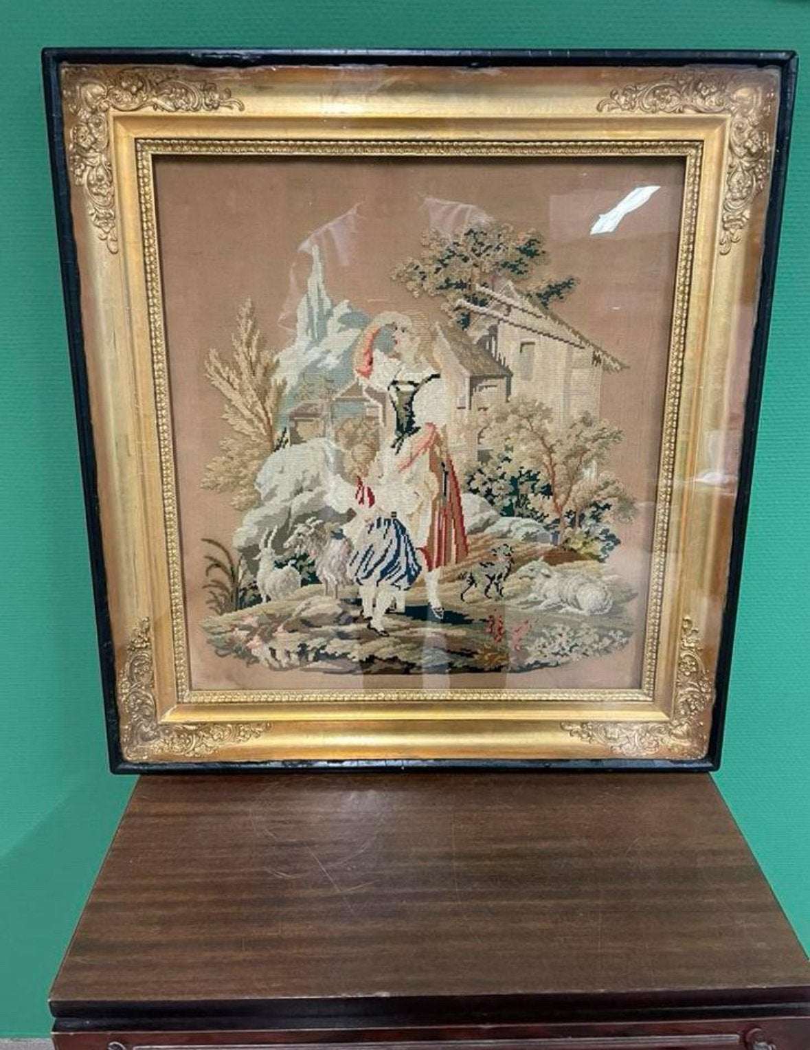 Antiek geweven portret met bladgoud, Antiek en Kunst, Ophalen