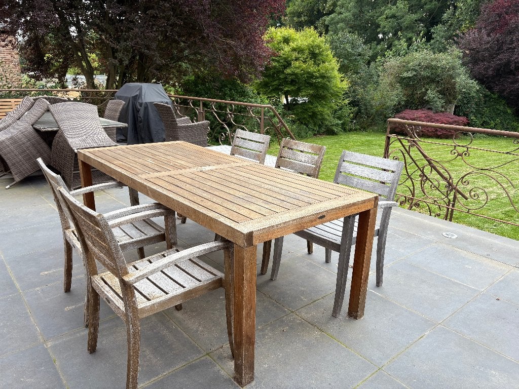 Table et 8 chaises de jardin en Teck, Jardin & Terrasse, Enlèvement, Utilisé, Rectangulaire, Bois de teck