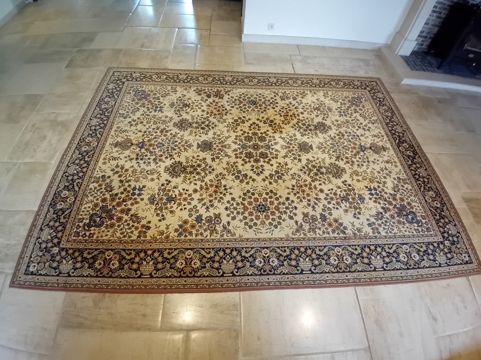 grote beige blauwe rode wollen mat met bloemen, Ophalen, Gebruikt, Beige, 200 cm of meer