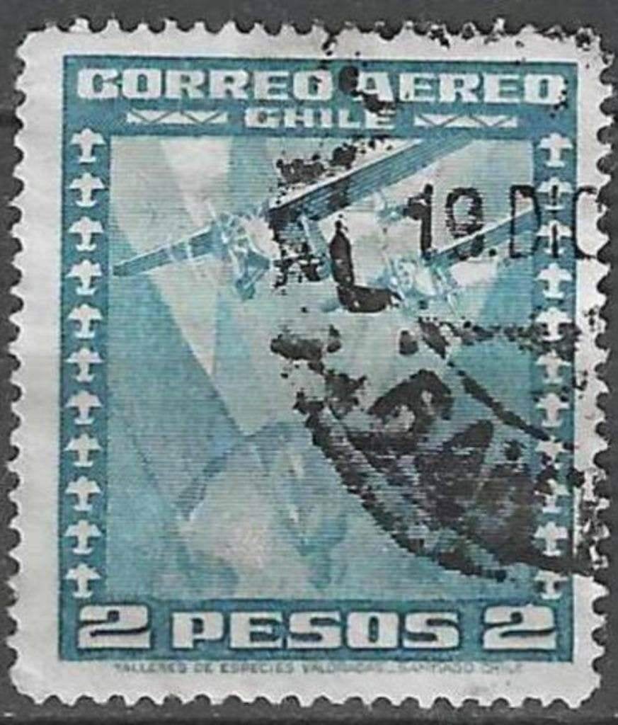 Chili 1934/1938 - Yvert 39PA - Vliegtuig en Wereldbol(ST), Verzenden, Gestempeld