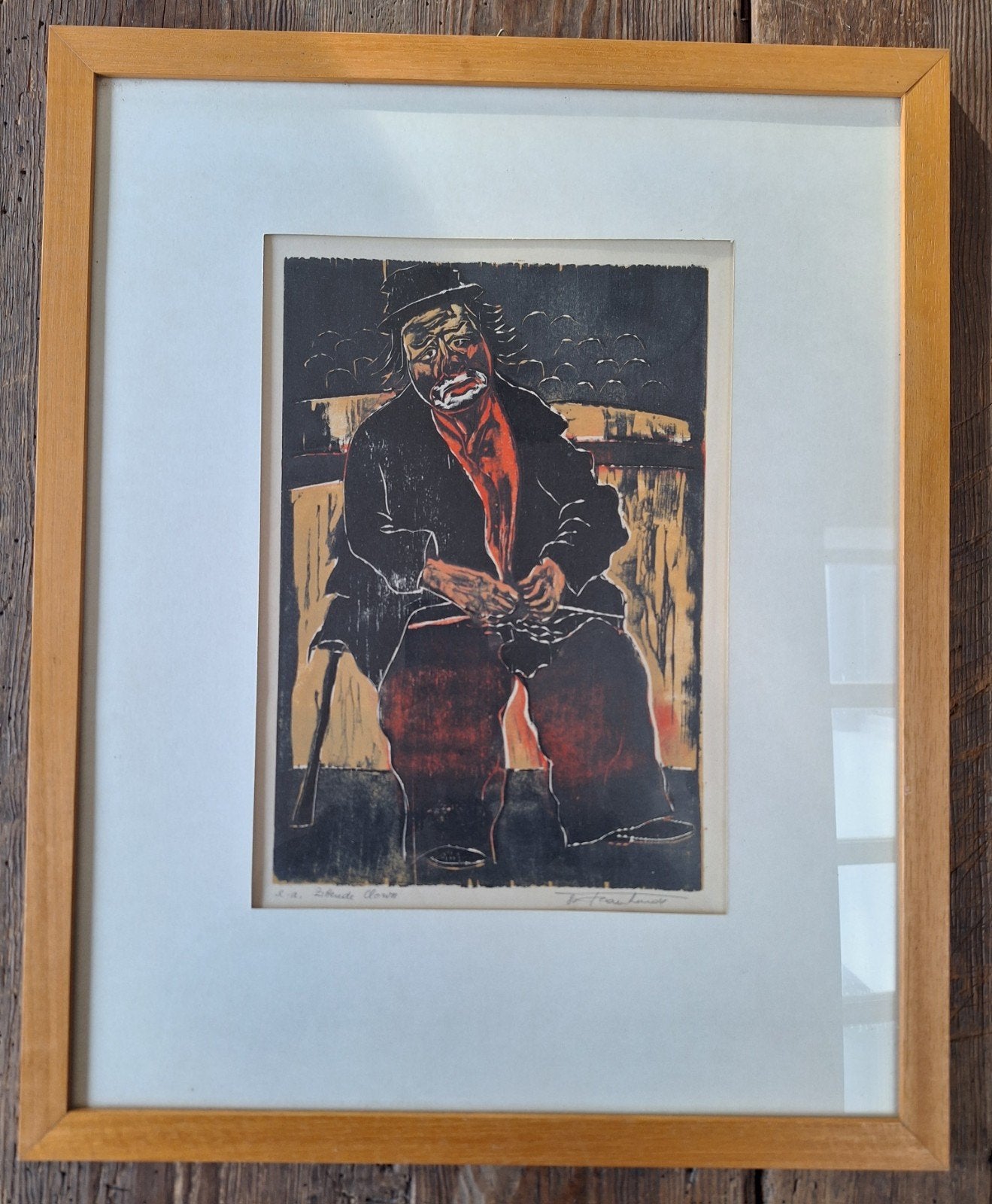Gravure sur bois multicolore Sitting Clown, Enlèvement ou Envoi, Gravure sur bois, Signé