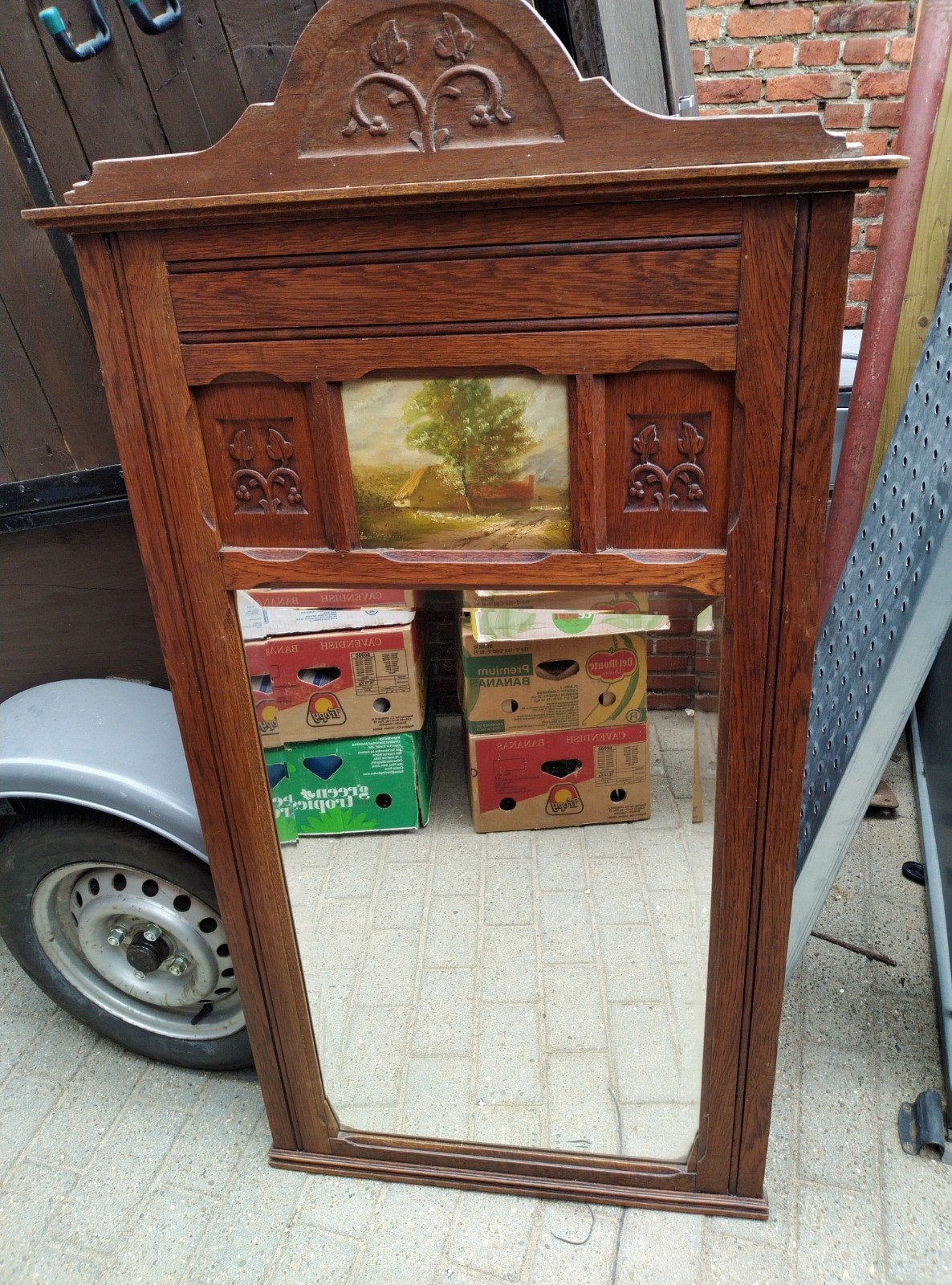 Antieke eikenhouten schouwspiegel, Antiek en Kunst, Ophalen