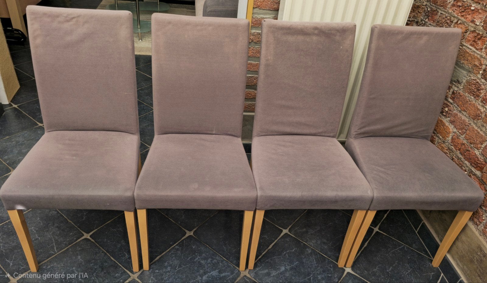 4 grijze suède stoelen, Huis en Inrichting, Stoelen, Ophalen, Gebruikt, Vier, Grijs