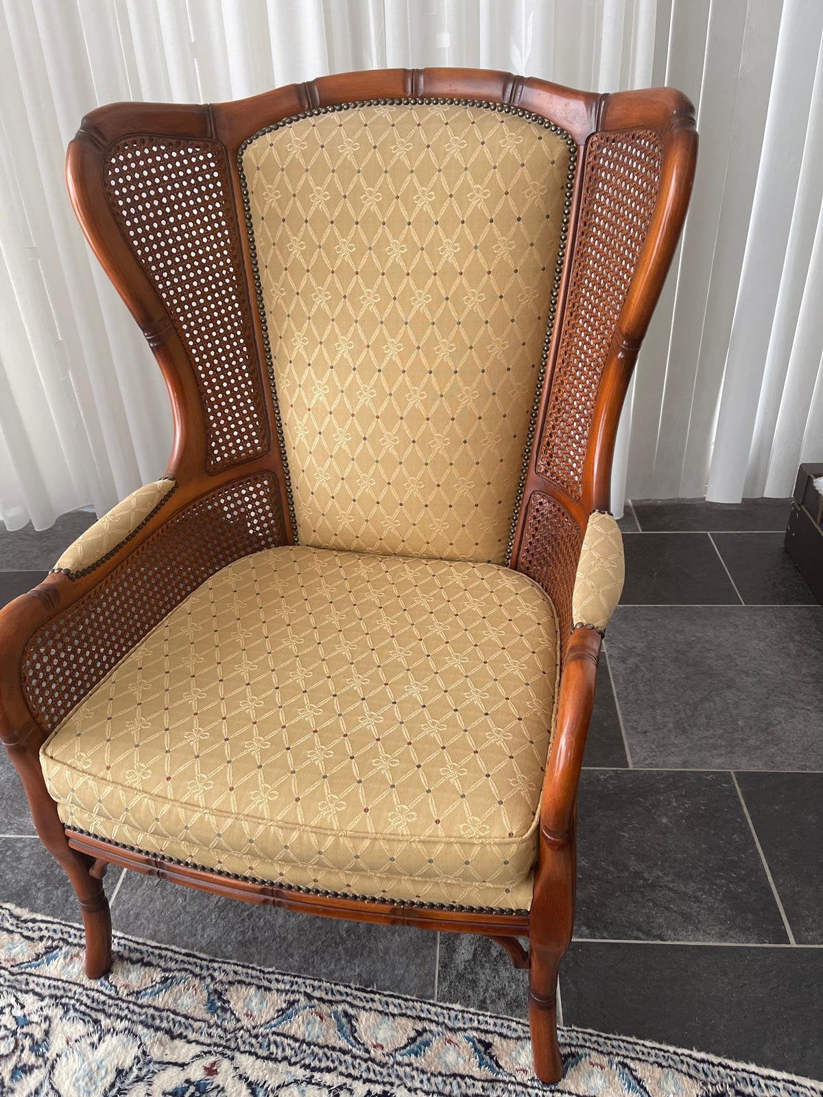 Vintage oorfauteuil – faux bamboe en rotan – jaren 70, Huis en Inrichting, Fauteuils, Ophalen, Hout