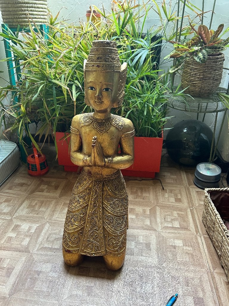 Statue birmane ou Thaïlande bois doré, Antiquités & Art, Art | Art non-occidental, Sculpture, Bois, Or, Incrusté