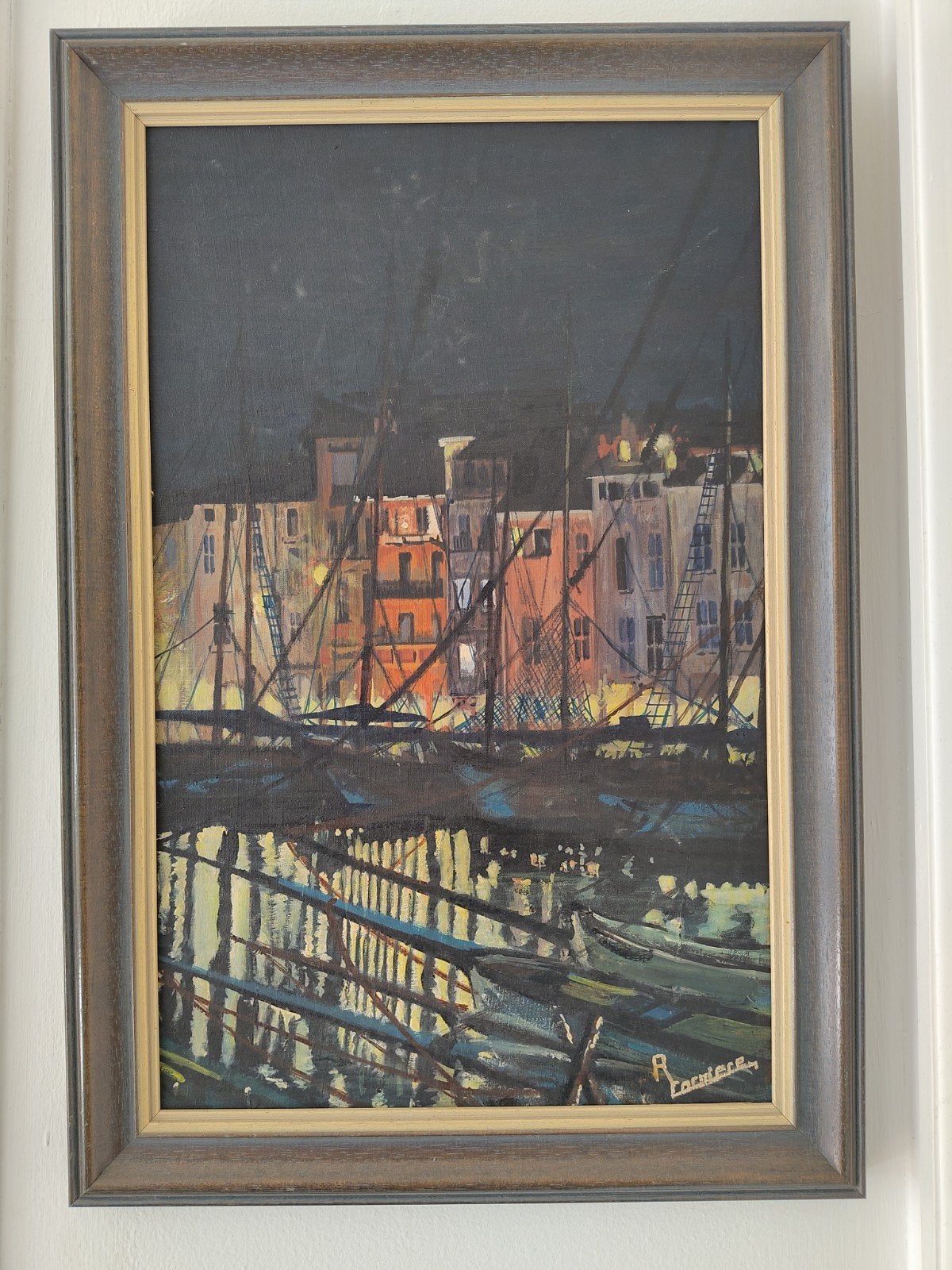 🖼️ Nachtelijk havenschilderij - Olieverf - R. Corniere inge, Antiek en Kunst, Kunst | Schilderijen | Klassiek, Ophalen, Doek