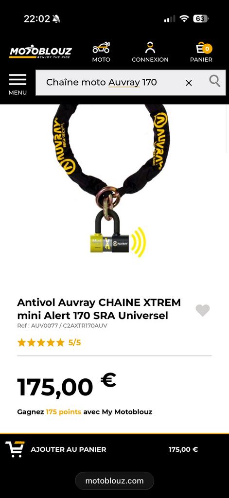 Chaine de moto/scooter auvray avec alarme de 170cm, Motos, Accessoires | Cadenas, Enlèvement
