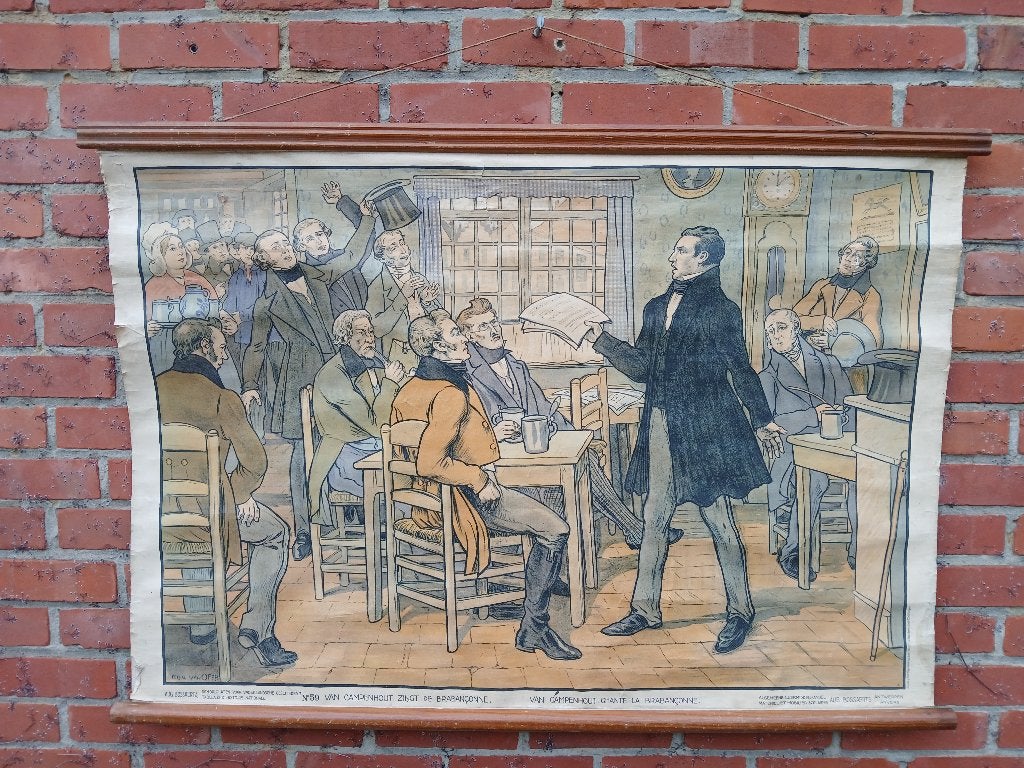 Oude schoolplaat "Van Campenhout zingt de Brabançonne", Antiek en Kunst, Antiek | Schoolplaten, Ophalen