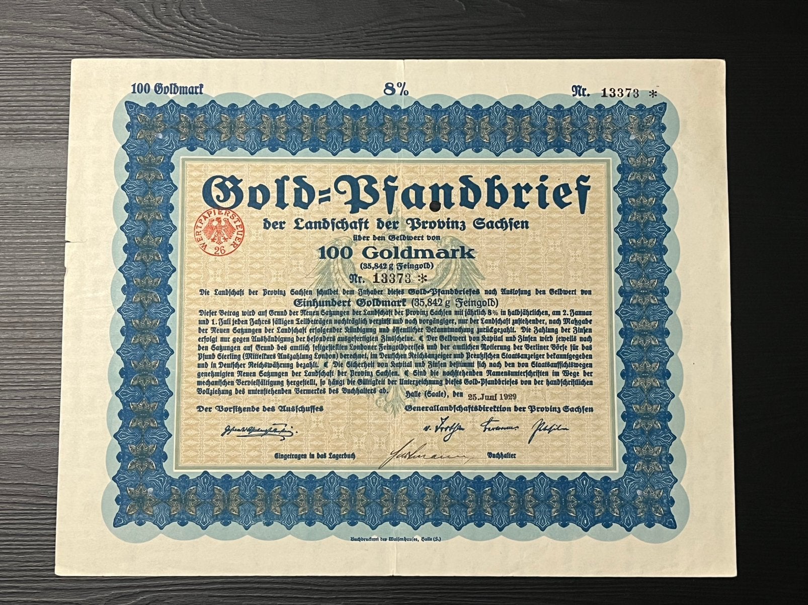 Historisch Gold-Pfandbrief — Landschaft der Provinz Sachsen, Ophalen of Verzenden, 1920 tot 1950, Certificaat van aandeel