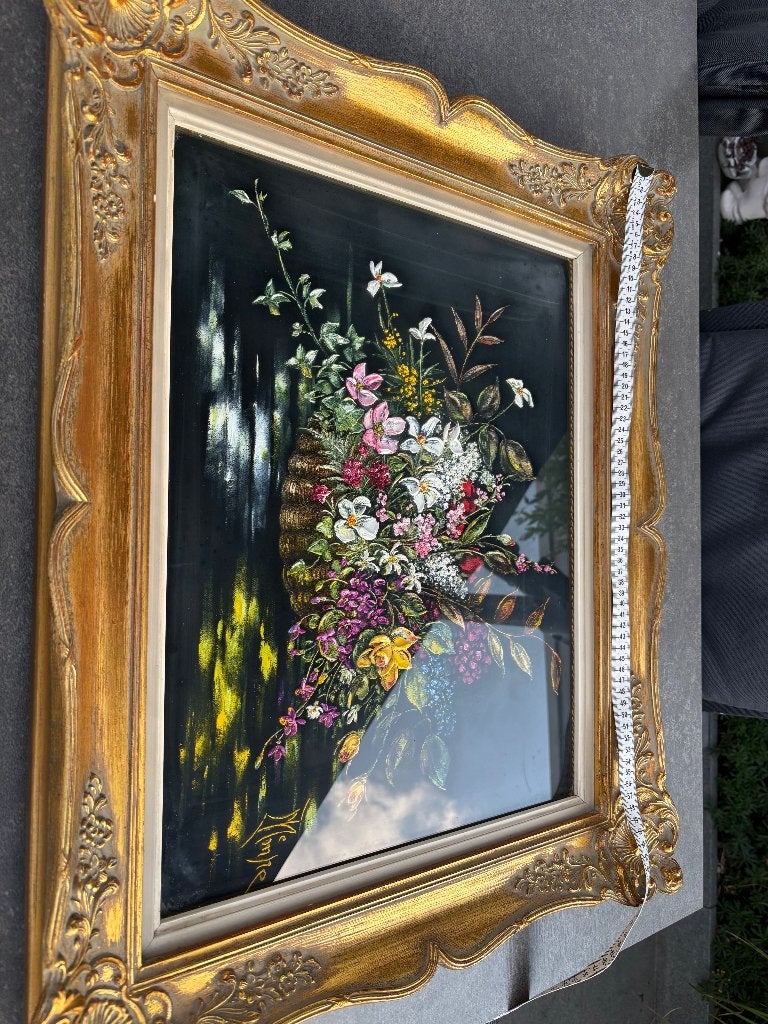 Schilderij bloemglas, Antiek en Kunst, Doek, Overige technieken, Klassiek, Bijzondere lijst