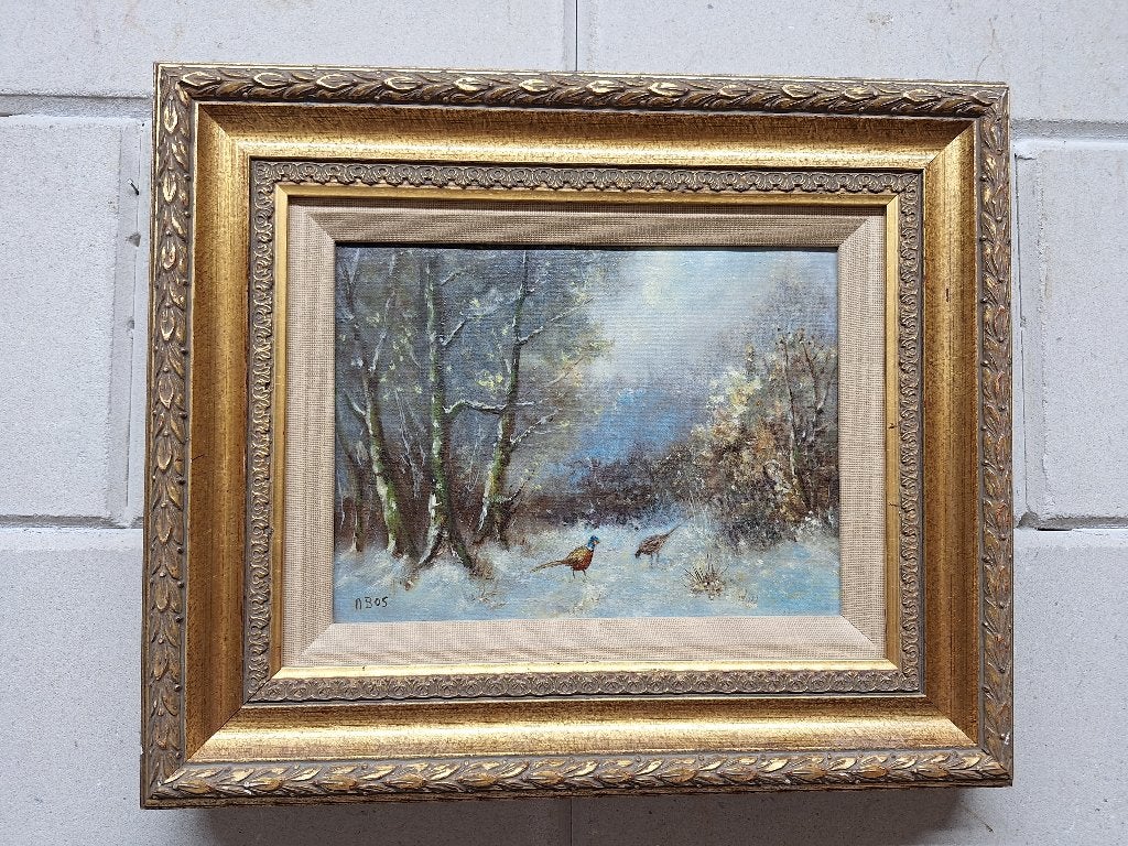 Faisans dans un paysage d'hiver, Antiquités & Art, Art | Peinture | Classique, Enlèvement ou Envoi, Peinture à l'huile, Classique