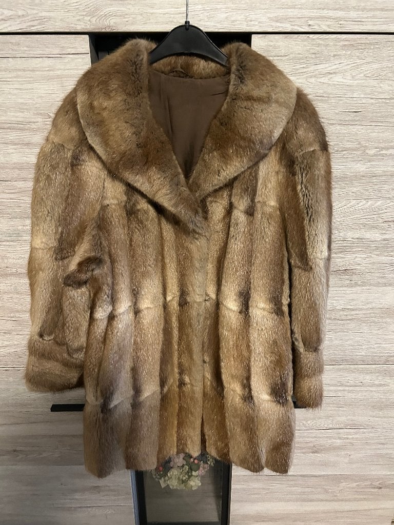 Prachtige echte pelsen mantel met muts M 42/44, Enlèvement, Comme neuf, Taille 42/44 (L), Brun