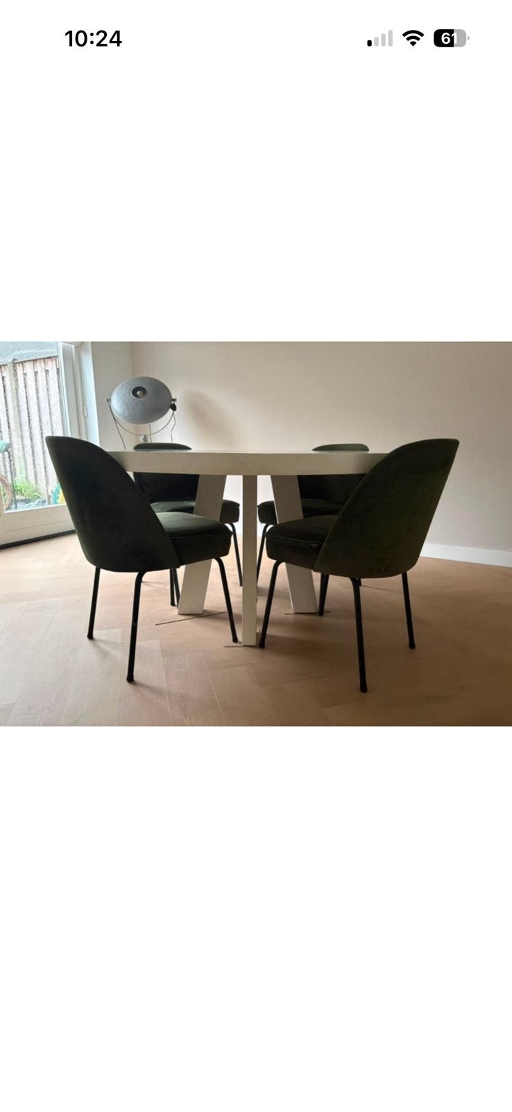 Massief eiken houten tafel 140cm + stoelen merk Woood, Ophalen, Gebruikt
