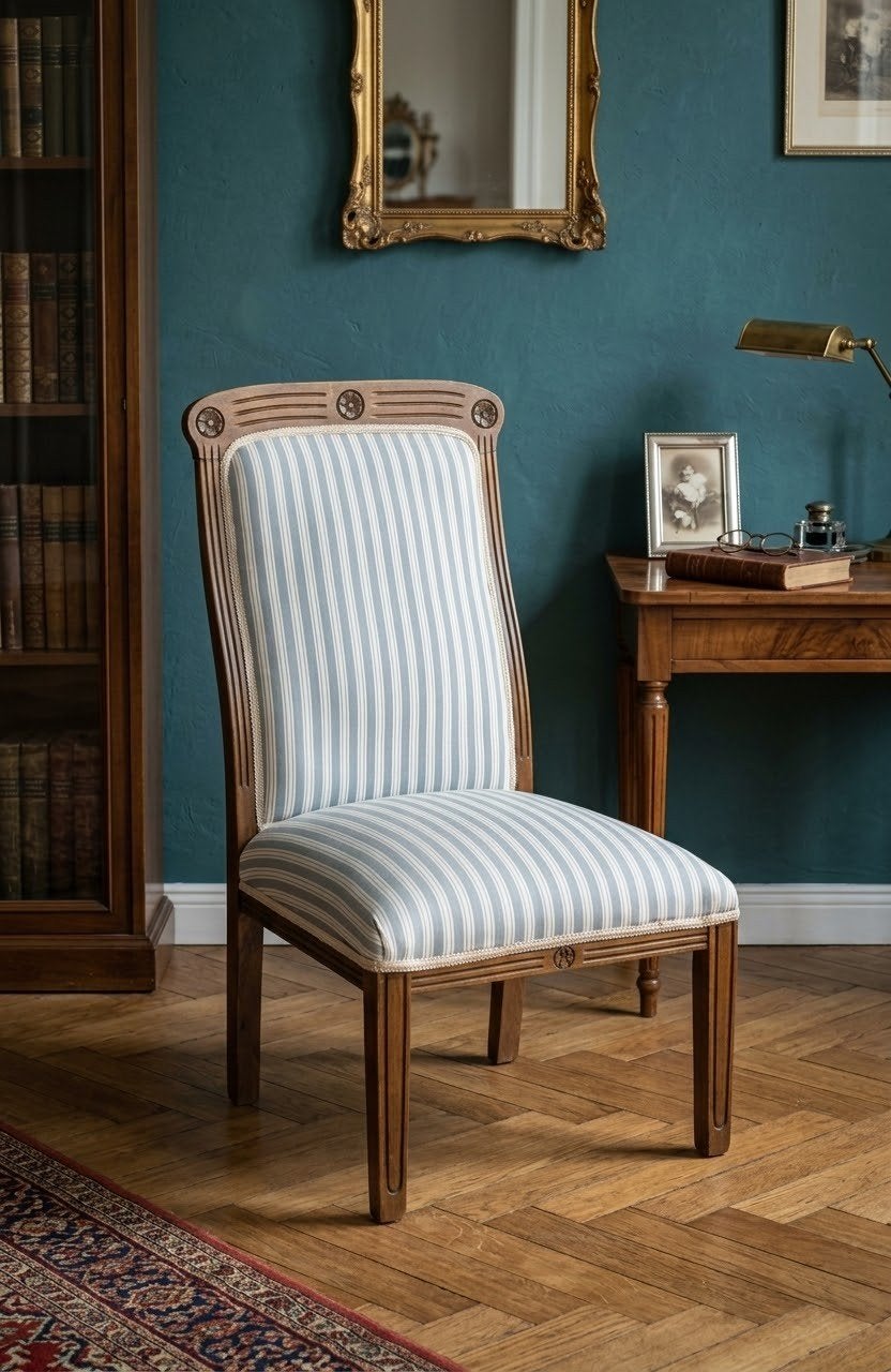 Chaise-fauteuil de style / Chaise de salle à manger rayée bl, Huis en Inrichting, Ophalen, Gebruikt, Blauw, Eén