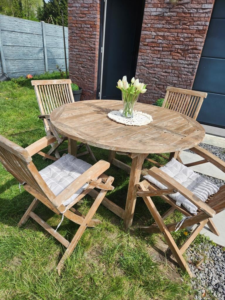 Teak tuinset ronde tafel met 4 stoelen en kussens goedestaat, Tuin en Terras, Ophalen, Stoel, Tuinset