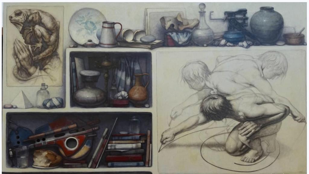 Large oil painting by Juan Castejon,series Objects of Memory, Enlèvement, Neuf