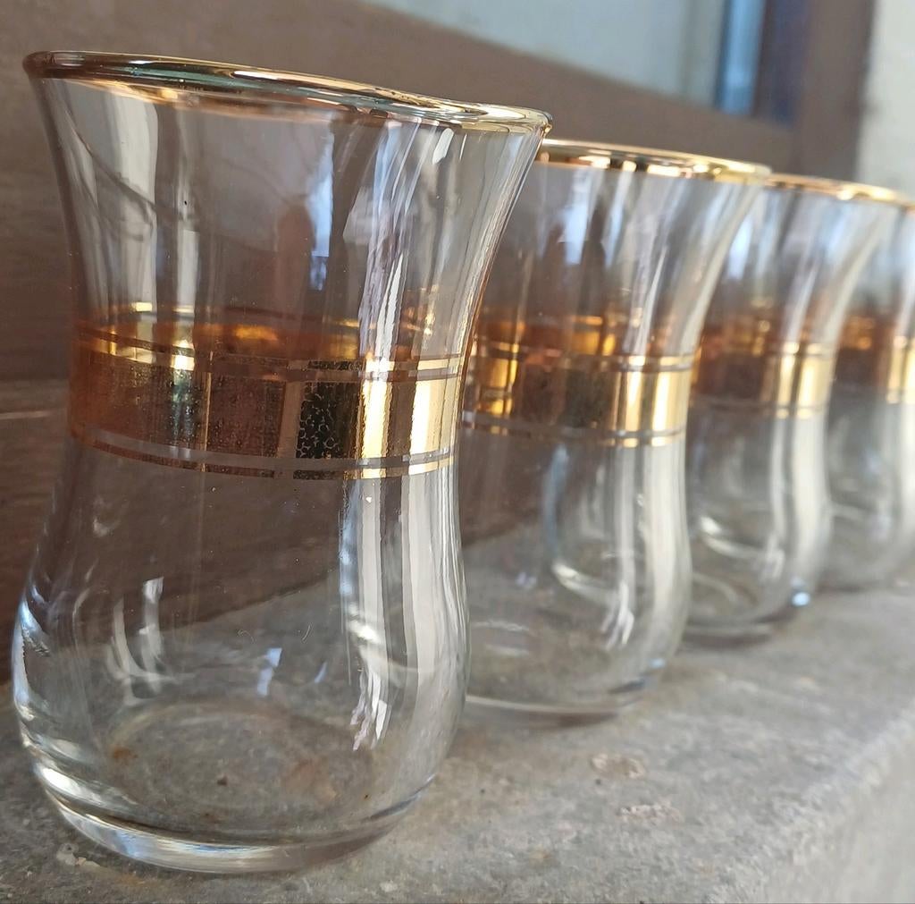 6 verres à thé turcs typiques avec bords dorés, Enlèvement ou Envoi, Utilisé, Verre, Verre ou Verres