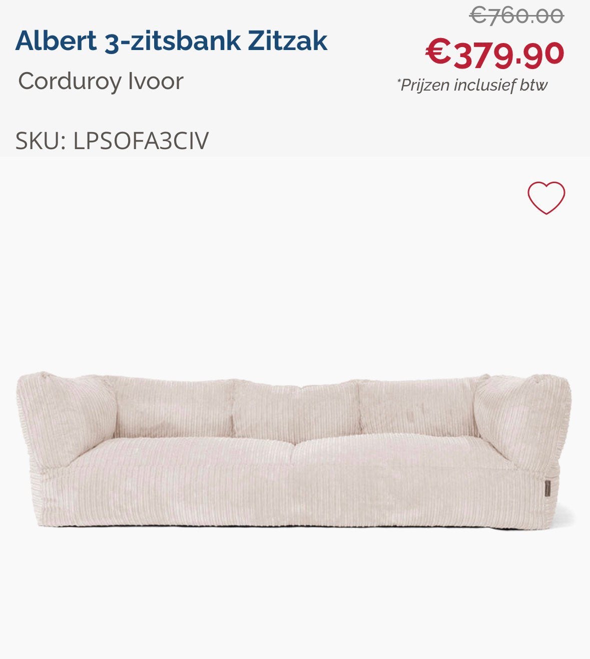 Big bertha original ivoor corduroy ( ribfluweel), Ophalen, Zo goed als nieuw
