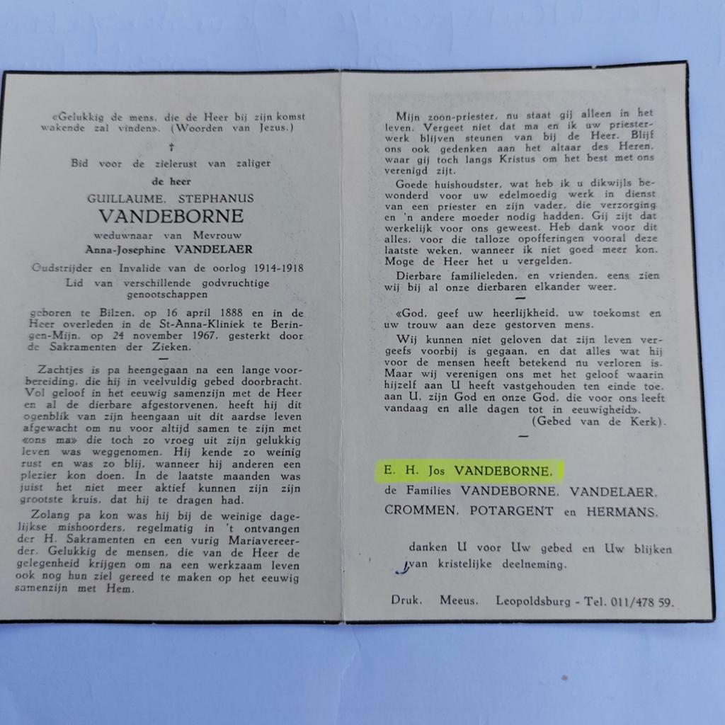Bidprentje Guillaume Vandeborne + 1967, Verzamelen, Bidprentjes en Rouwkaarten, Ophalen of Verzenden, Bidprentje