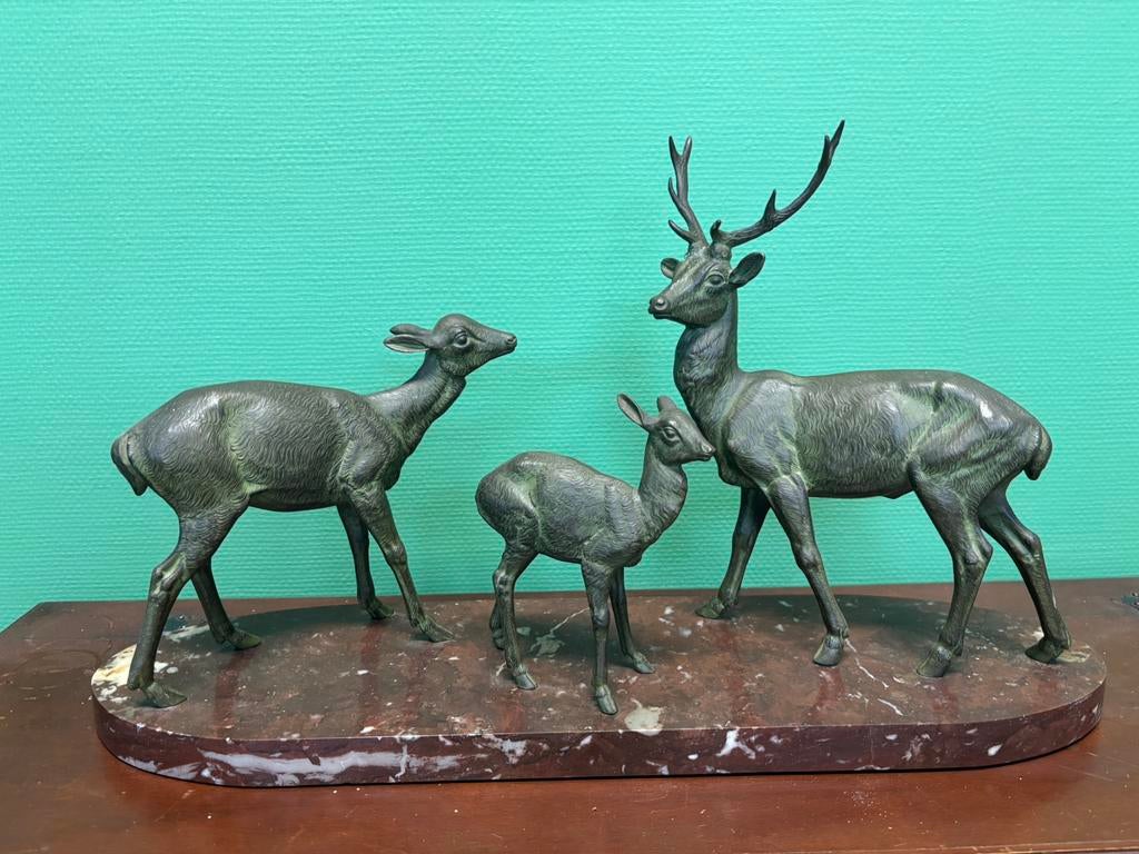 Art deco antieke bronzen herten op marmer, Antiek en Kunst, Ophalen, Brons