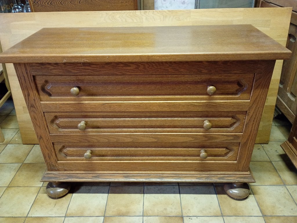 Vintage massief houten ladenkast, Ophalen, 100 tot 150 cm, Zo goed als nieuw, 3 of 4 laden