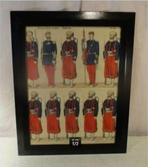 Mooie Oude Gravure 'Klederdracht Franse Leger' - 48x38, Ophalen of Verzenden, Militair, Gravure, Ingelijst