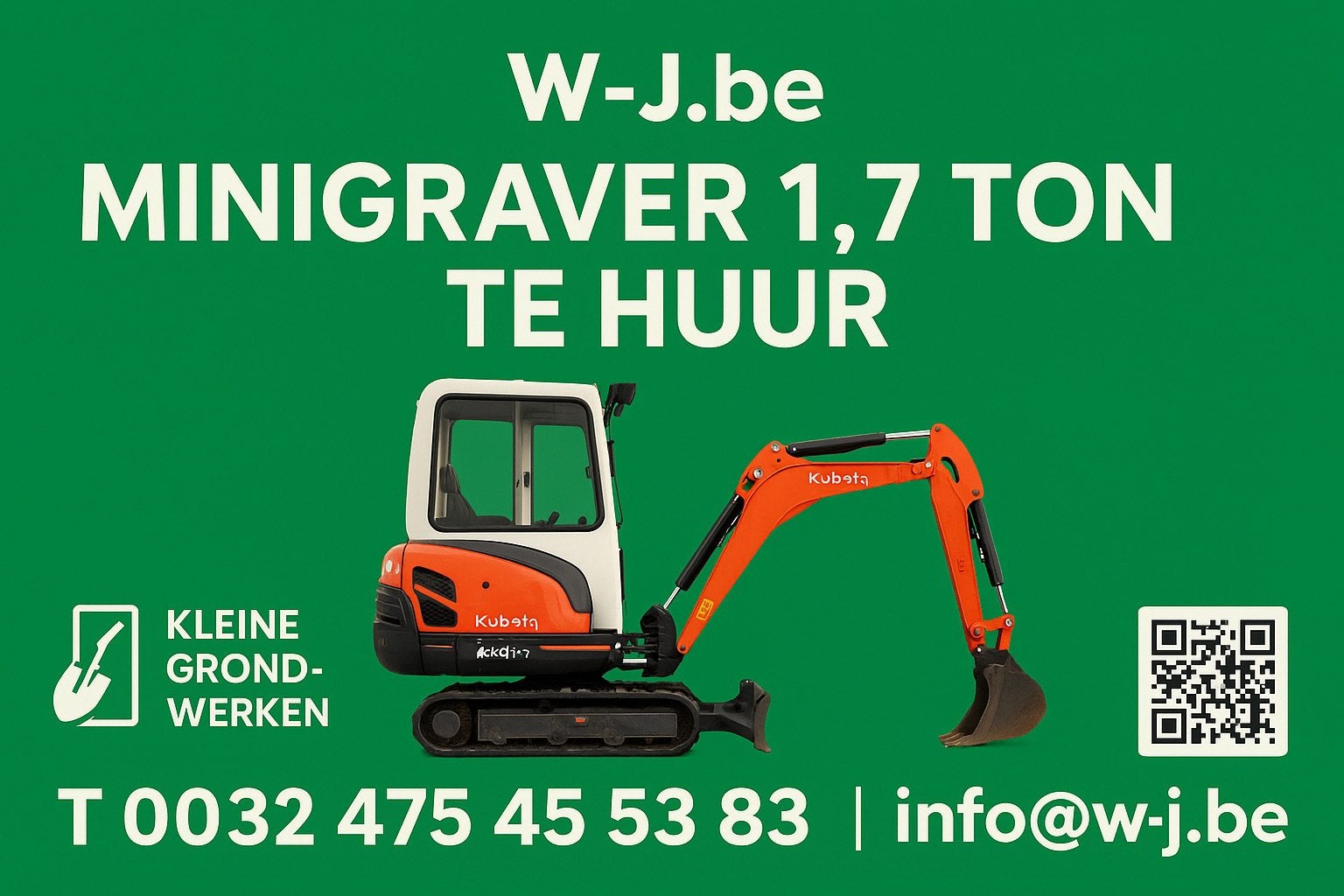 TE HUUR  mini graver graafmachine KUBOTA 1.7 ton, Ophalen of Verzenden, Graafmachine