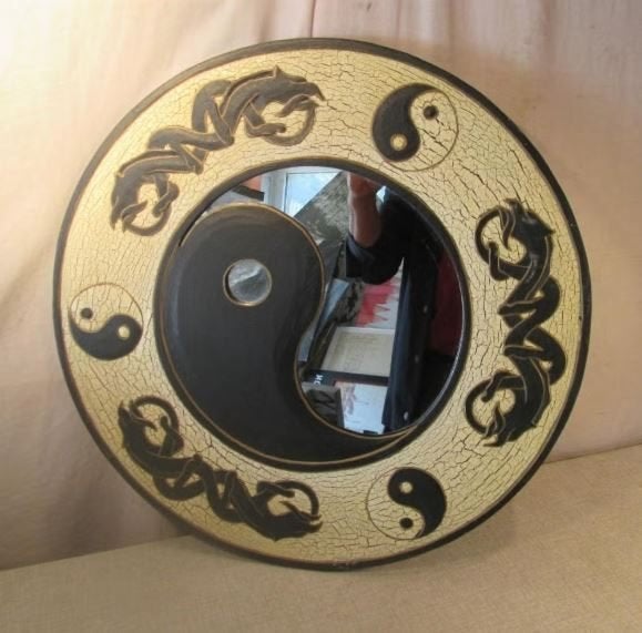 Joli miroir spécial avec symbole Yin-yang - 51 cm, Maison & Meubles, Enlèvement ou Envoi, Comme neuf, Rond