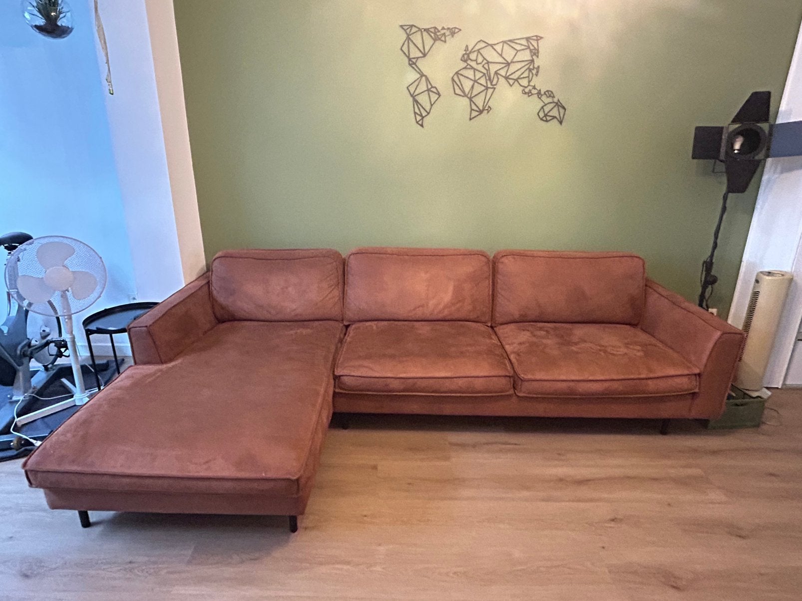 Cognac lederlook zetel, Chaise longue links, Ophalen, Gebruikt, Stof