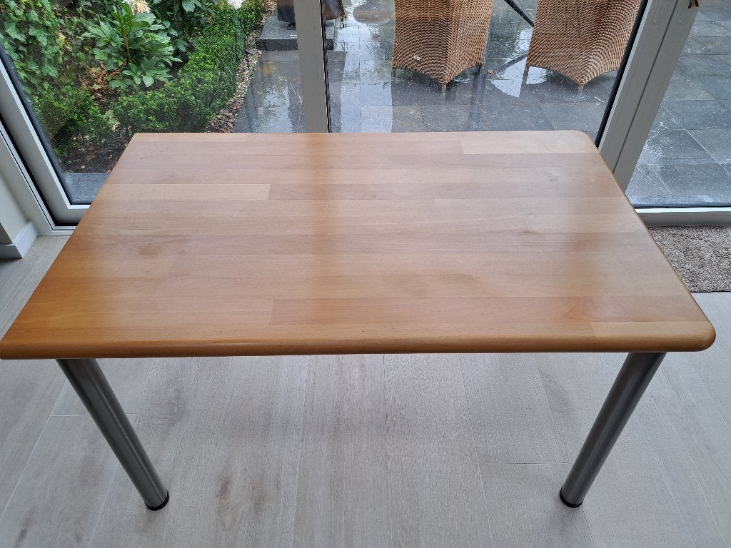 Eiken keukentafel en 4 lederen stoelen, Autres couleurs, Moins de 100 cm, 100 à 150 cm, Enlèvement
