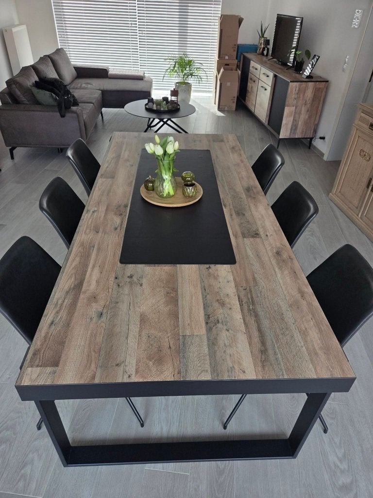 GROTE EETTAFEL MET 6 LEDEREN STOELEN, Ophalen, Zo goed als nieuw