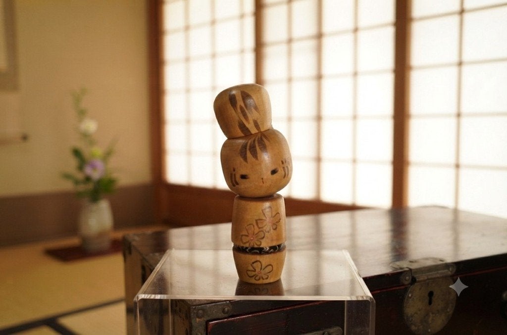 Vintage kokeshi uit de jaren '60, Antiquités & Art, Art | Art non-occidental, Japon, Bois, Peint, 15 cm