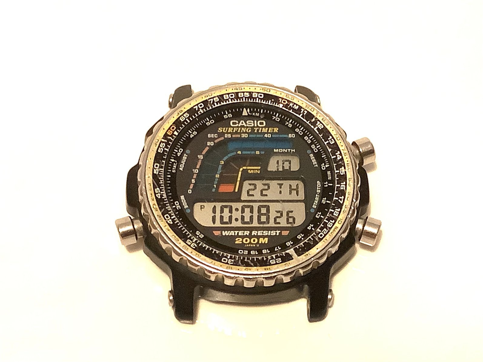 Rare chronomètre de surf Casio DW-403- look rétro-futuriste, Montre-bracelet, Casio, Enlèvement ou Envoi, Cuir