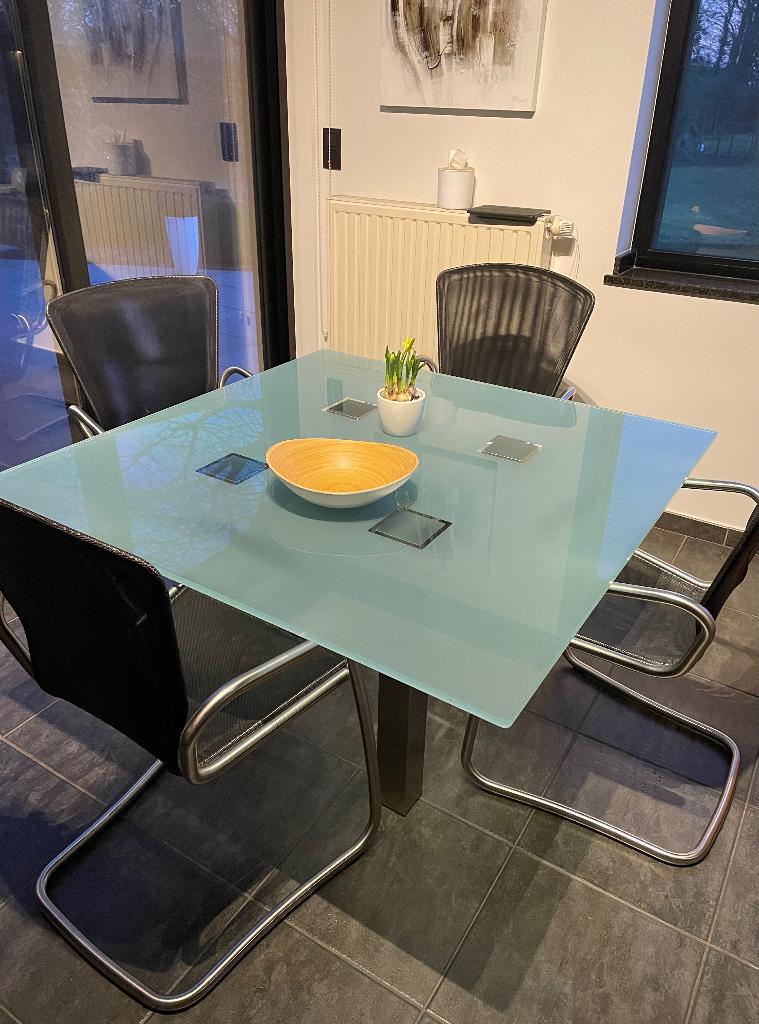 Vierkante glazen tafel incl stoelen (ook apart te koop), Huis en Inrichting, Tafels | Eettafels, Ophalen, Gebruikt, Vierkant, Glas