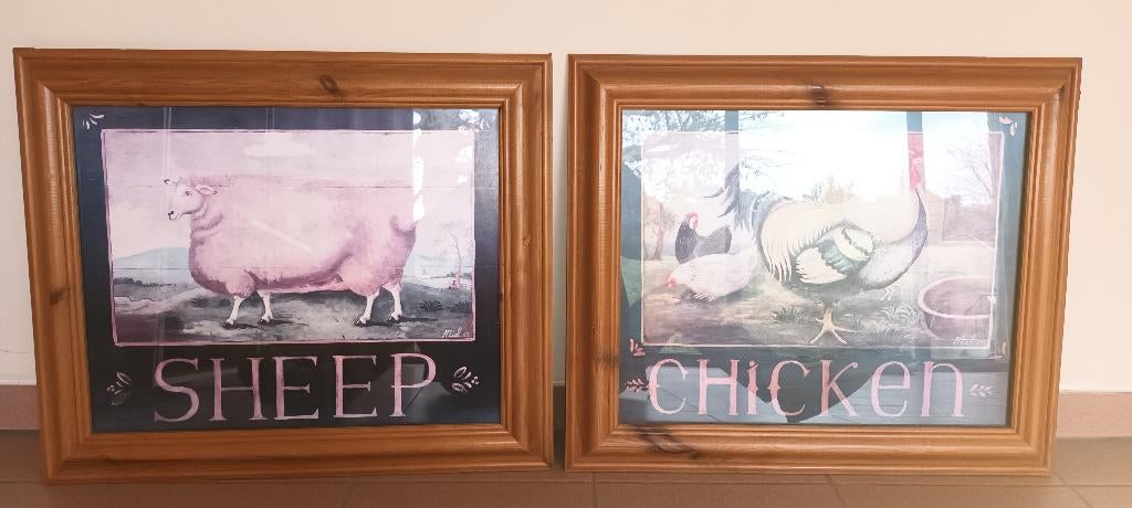 2 retro houten kaders met afbeelding schaap en kip, Ophalen, Gebruikt, 50 tot 75 cm, Foto of Poster
