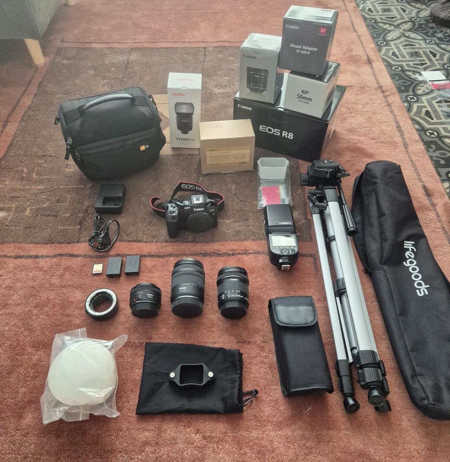 Canon EOS R8 + 3 lenzen + Godox flitser + Statief + Diffuser, Ophalen, Canon
