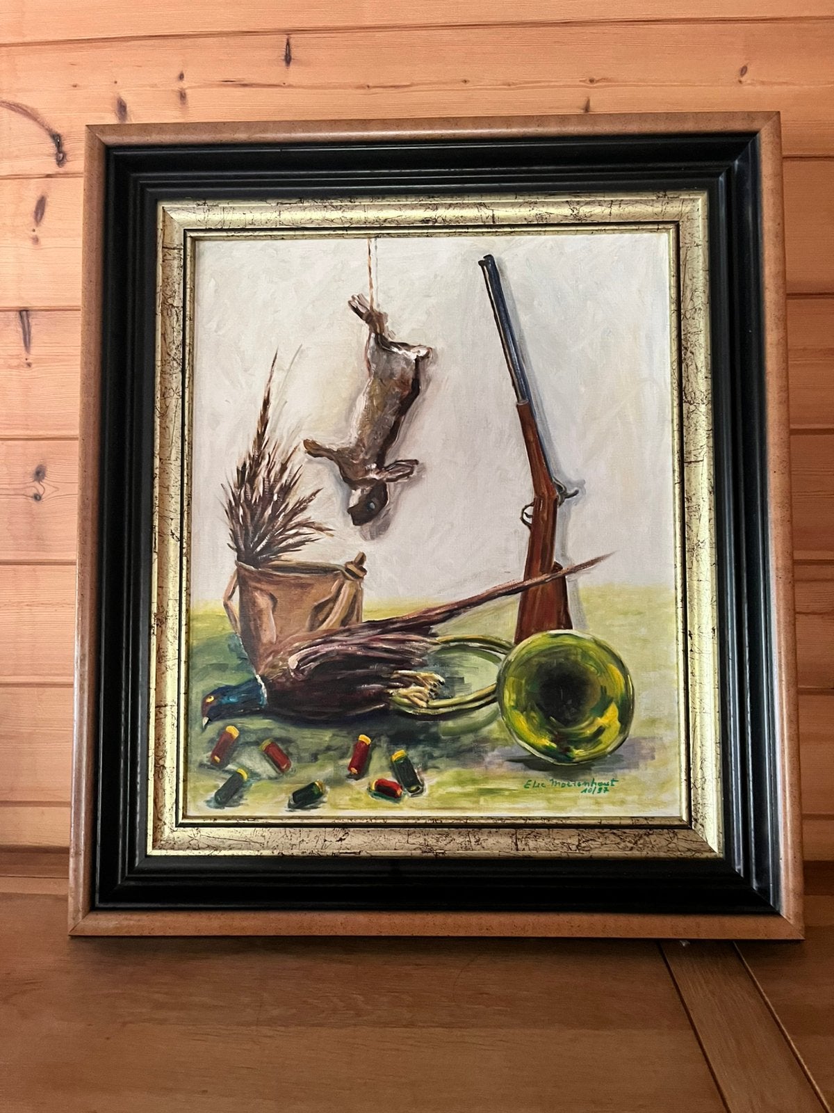 Handgeschilderd schilderij jachttafereel, Antiek en Kunst, Ophalen, Acrylverf, Doek, Handgeschilderd