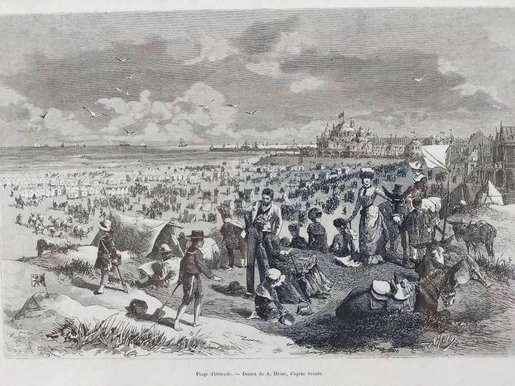 Gravure de A. Heins, plage d'Ostende., Antiquités & Art, Enlèvement