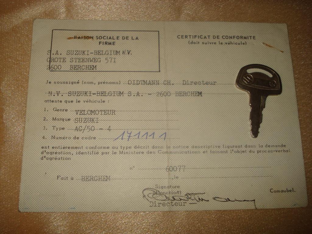 Ancien Certificat de Conformité Moto Suzuki AC-50 Avec Clé 2, Enlèvement ou Envoi, Suzuki